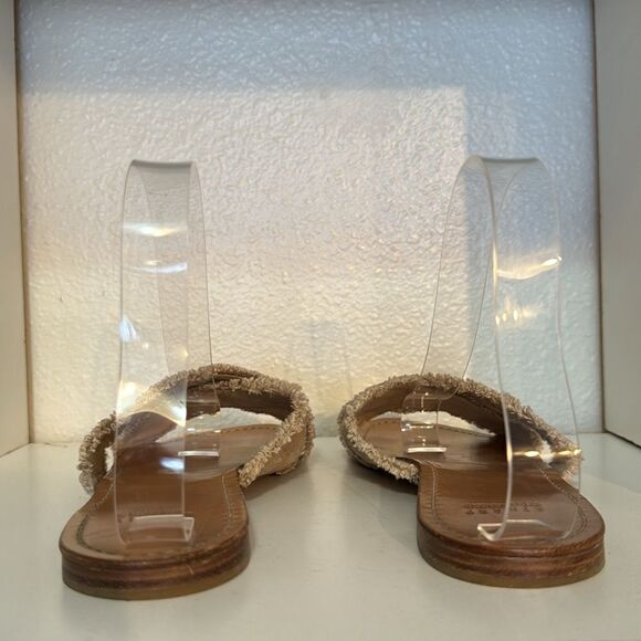 Stuart Weitzman Suede Crossover Slide Sandals Taupe Fringe Trim Minimalist - Picture 3 of 15